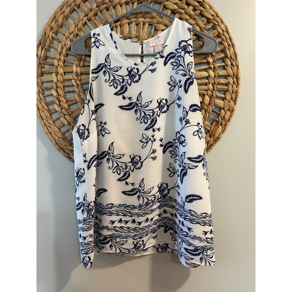 St. Tropez West Womens Navy Blue Floral Sleeveless Blouse Keyhole Back Size M